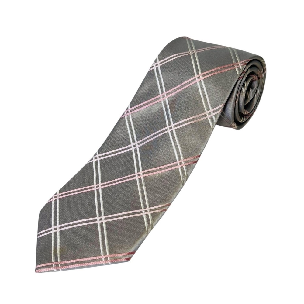 Donald J Trump Men's Silver Grey‎ Pink White Plaid Silk Neck Tie 3,5" x 60"
